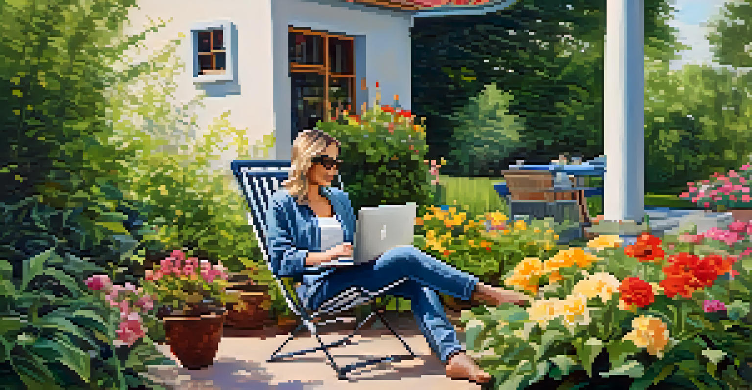 A person enjoying a coffee break in a garden, surrounded by flowers and a laptop nearby.