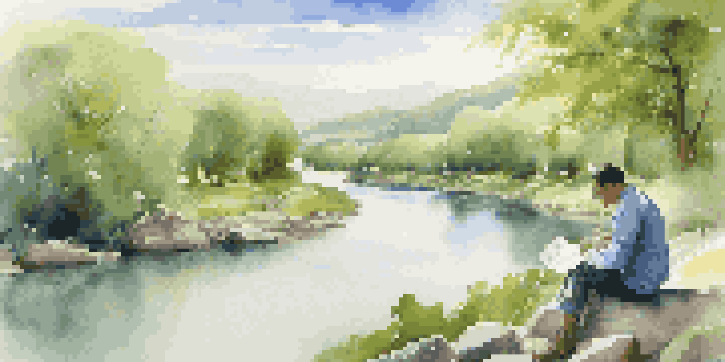 A person sitting on a rock by a winding river, looking at a map, surrounded by greenery and blue skies.