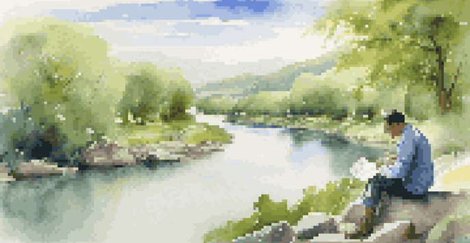 A person sitting on a rock by a winding river, looking at a map, surrounded by greenery and blue skies.