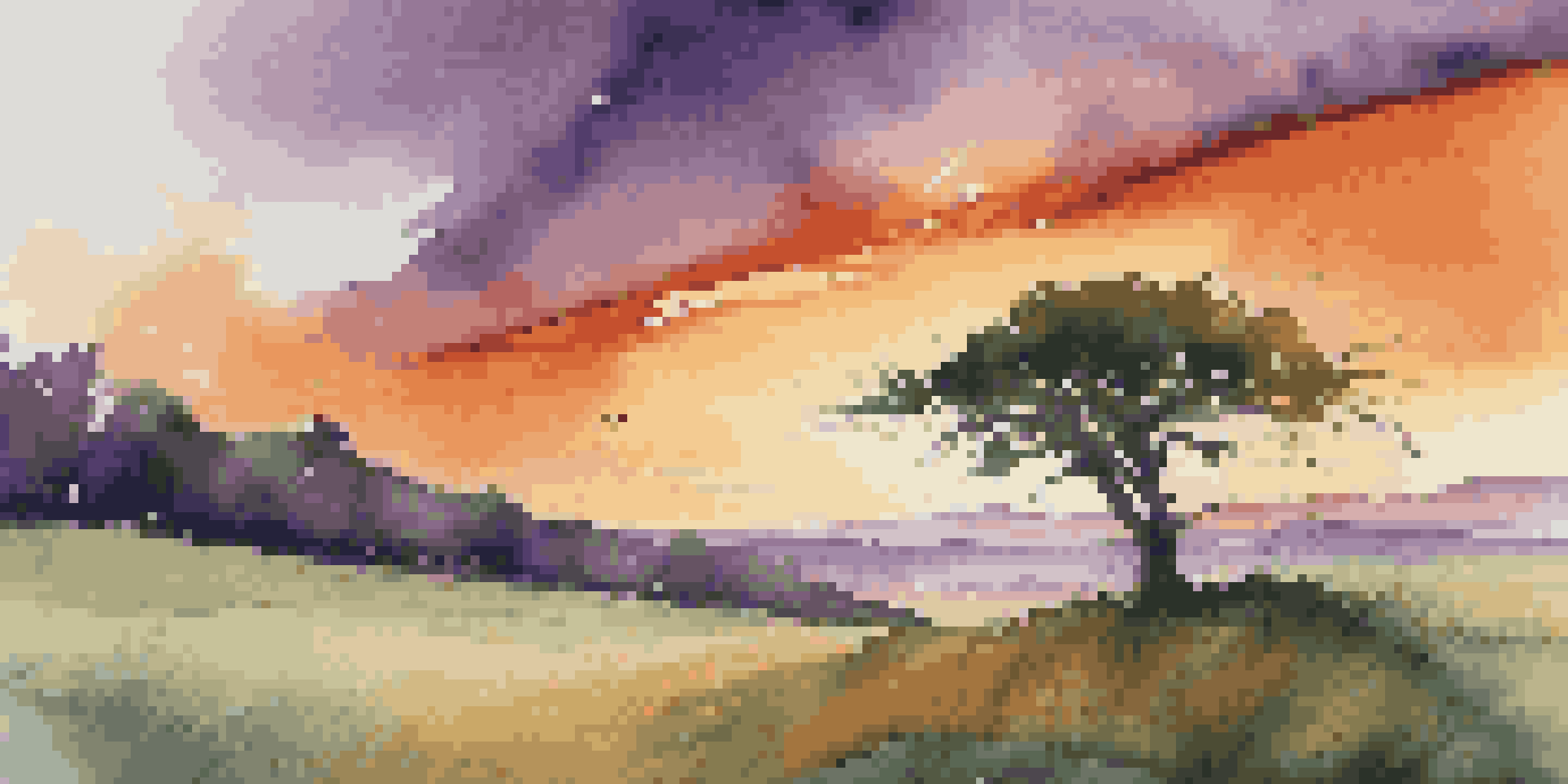 A large tree bending in the wind during a vibrant sunset, symbolizing adaptability in nature.