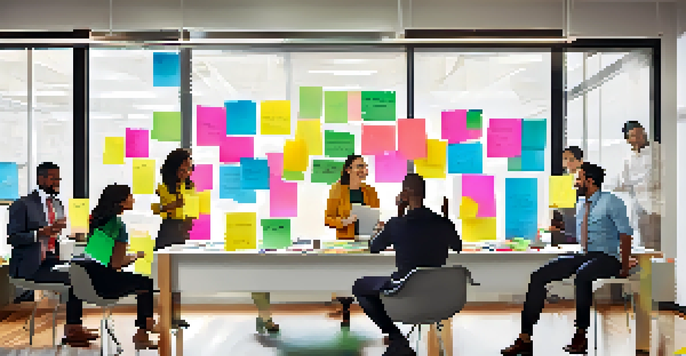 A diverse group of professionals brainstorming ideas in a bright office, displaying enthusiasm and collaboration.