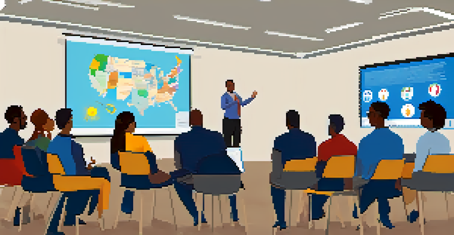 Employees participating in a cultural competence training session with a facilitator and visual aids in a well-lit room.
