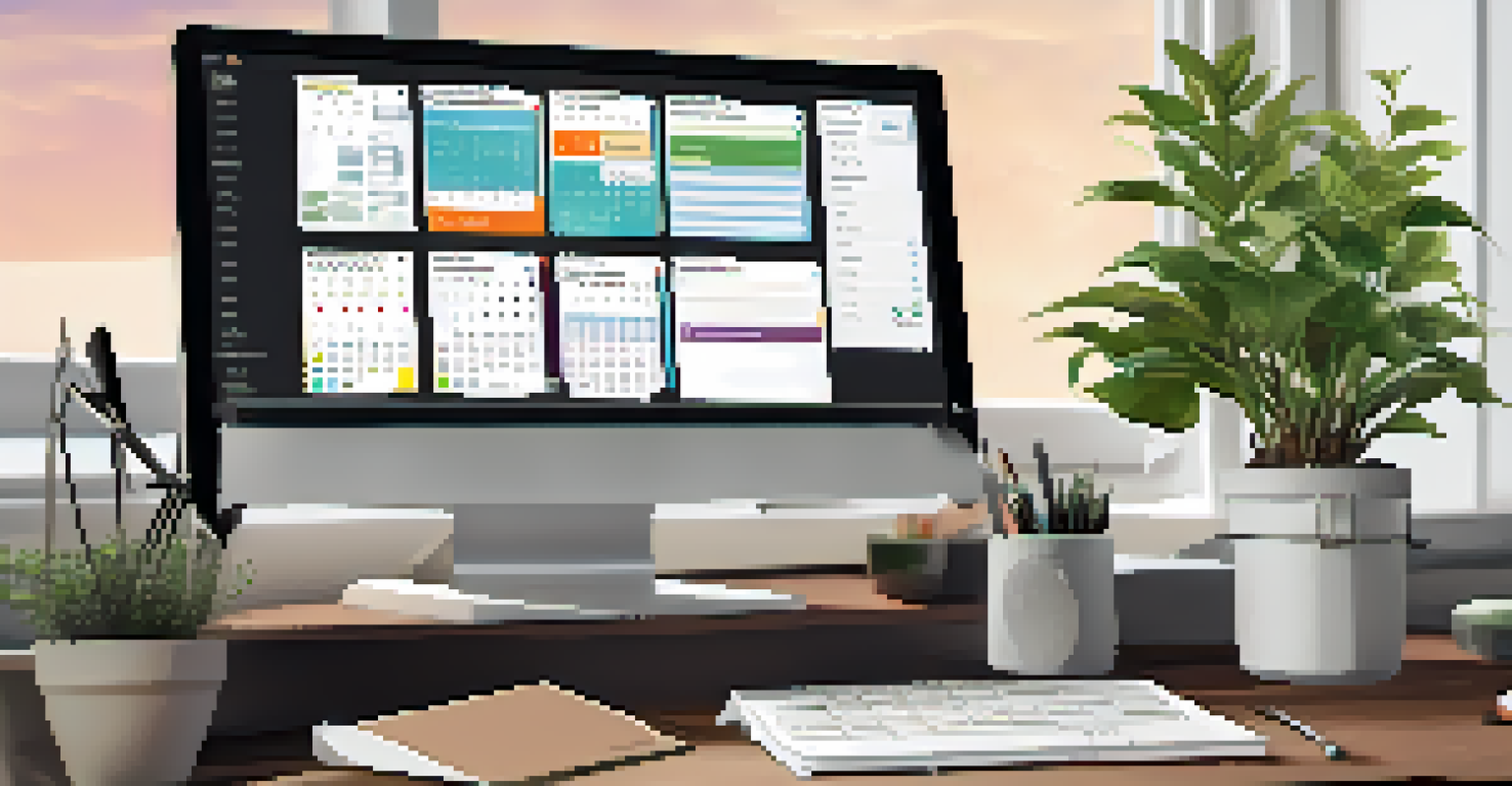 A digital workspace on a computer screen showing a project management app and calendar, with a neatly organized desk in the background.
