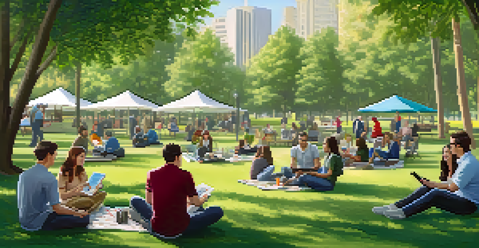 Professionals networking casually in a serene park, sitting on picnic blankets and sharing ideas under the shade of trees.