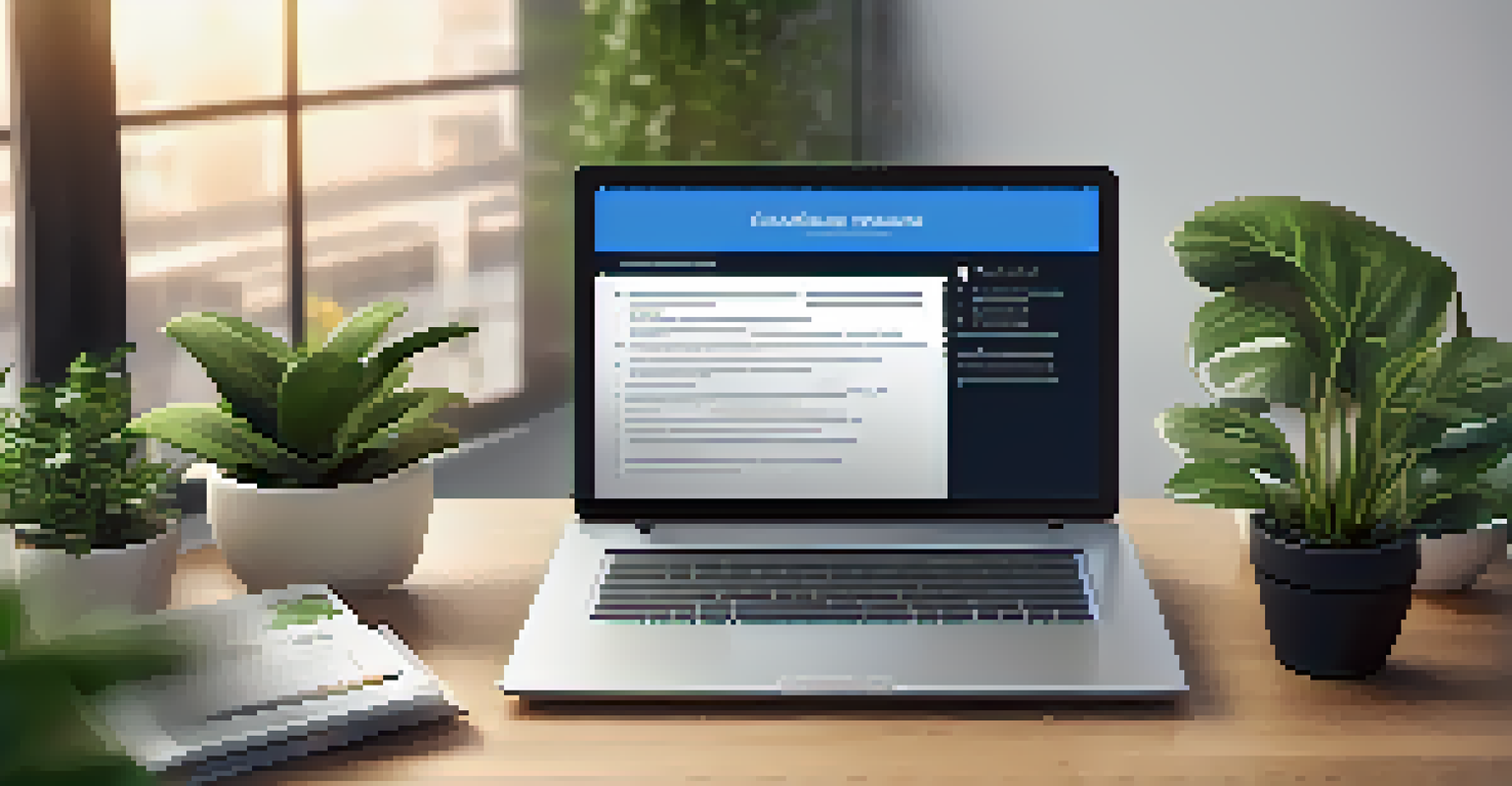 A digital resume displayed on a laptop screen, featuring highlighted keywords in a modern office setting.