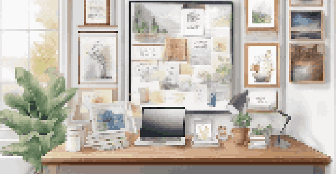 A bright workspace with a vision board displaying career goals and motivational quotes, a desk with a laptop and coffee cup, and natural light from a window.