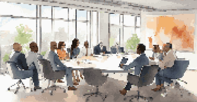 A diverse group of professionals in a modern conference room discussing together with laptops and notebooks.