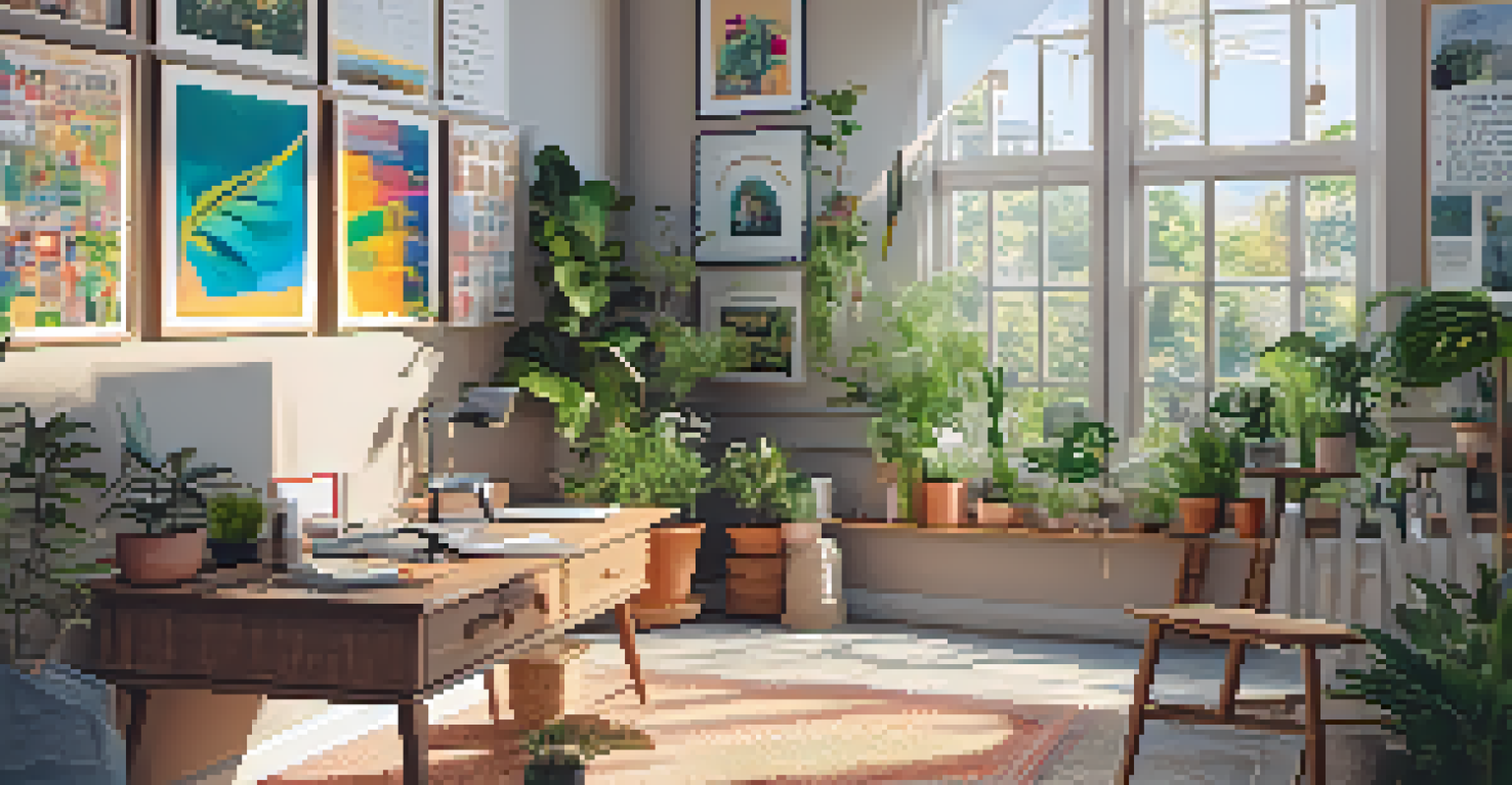 An inspirational workspace with motivational posters, a vision board, and a cozy reading corner.