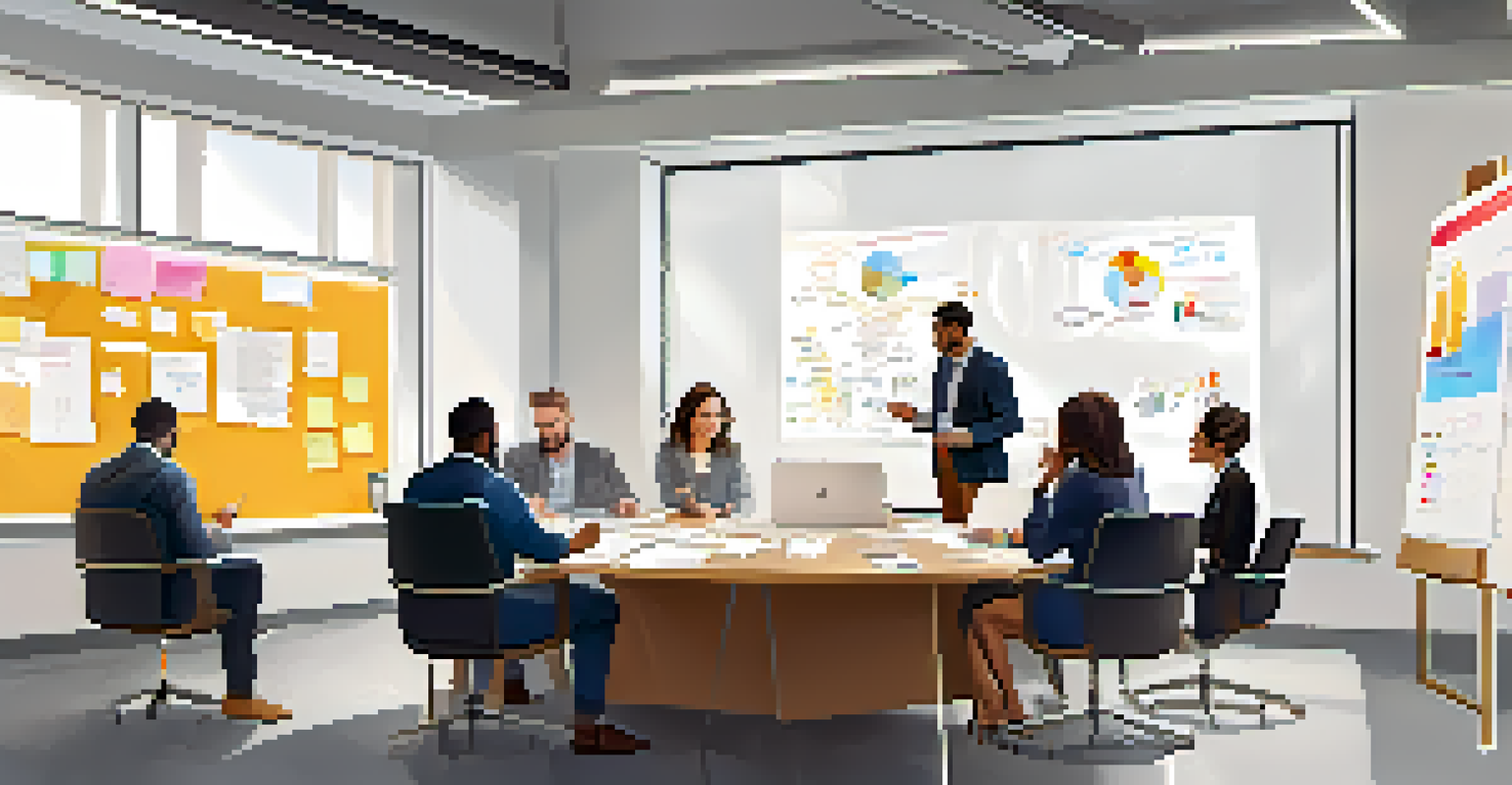 A diverse team collaborating in a bright conference room, surrounded by charts and sticky notes, engaged in brainstorming.