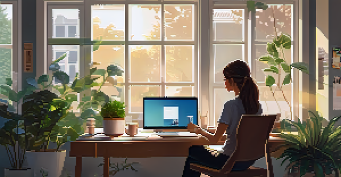 A professional woman working on her laptop at a modern desk with plants and warm light.