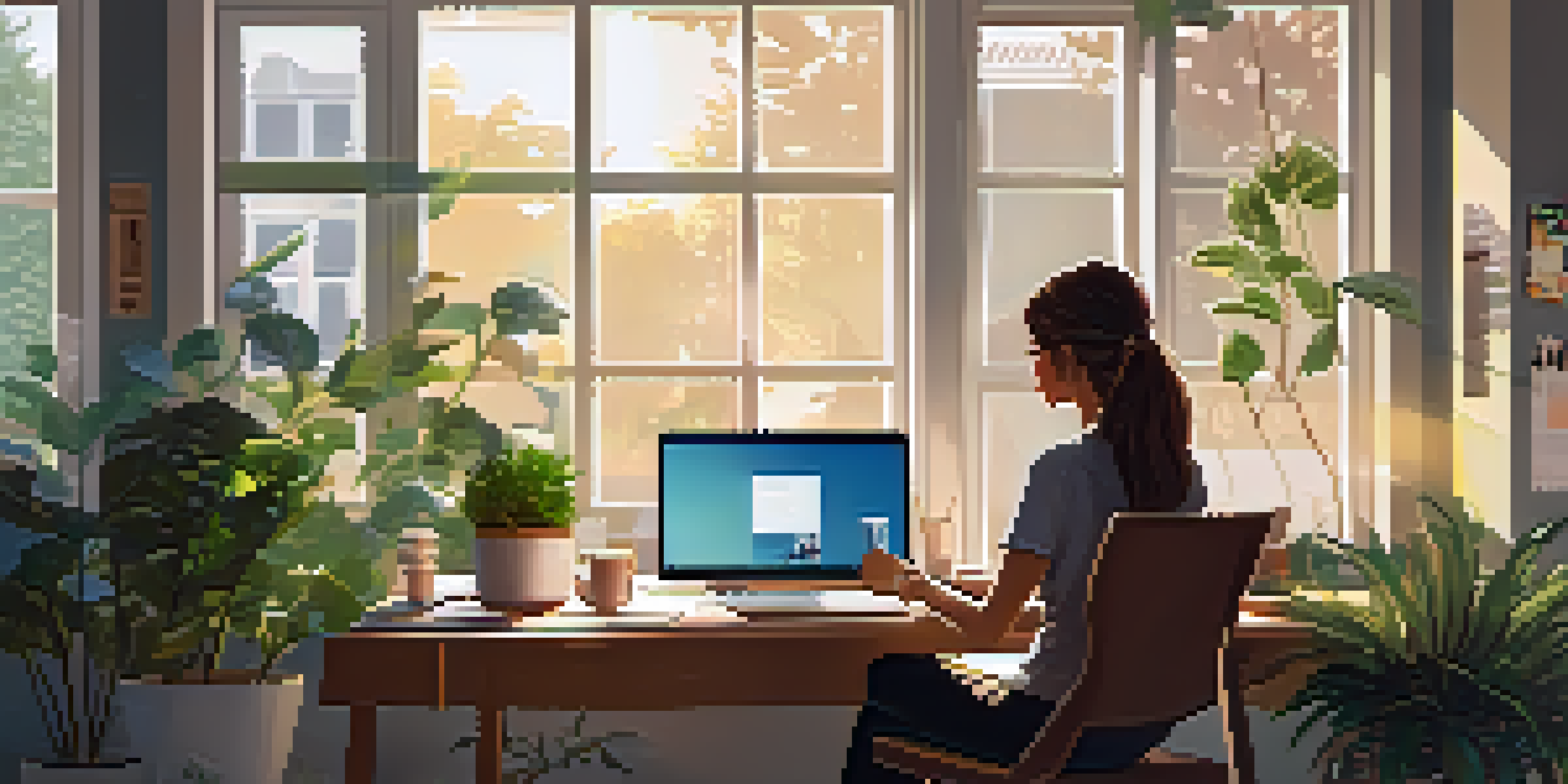 A professional woman working on her laptop at a modern desk with plants and warm light.