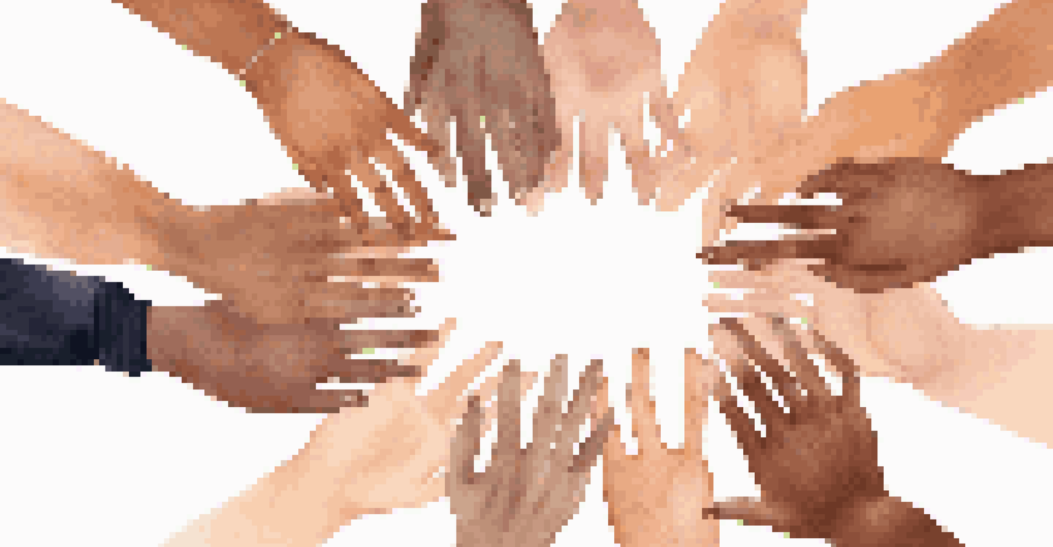 A close-up of diverse hands forming a circle to symbolize trust and unity.