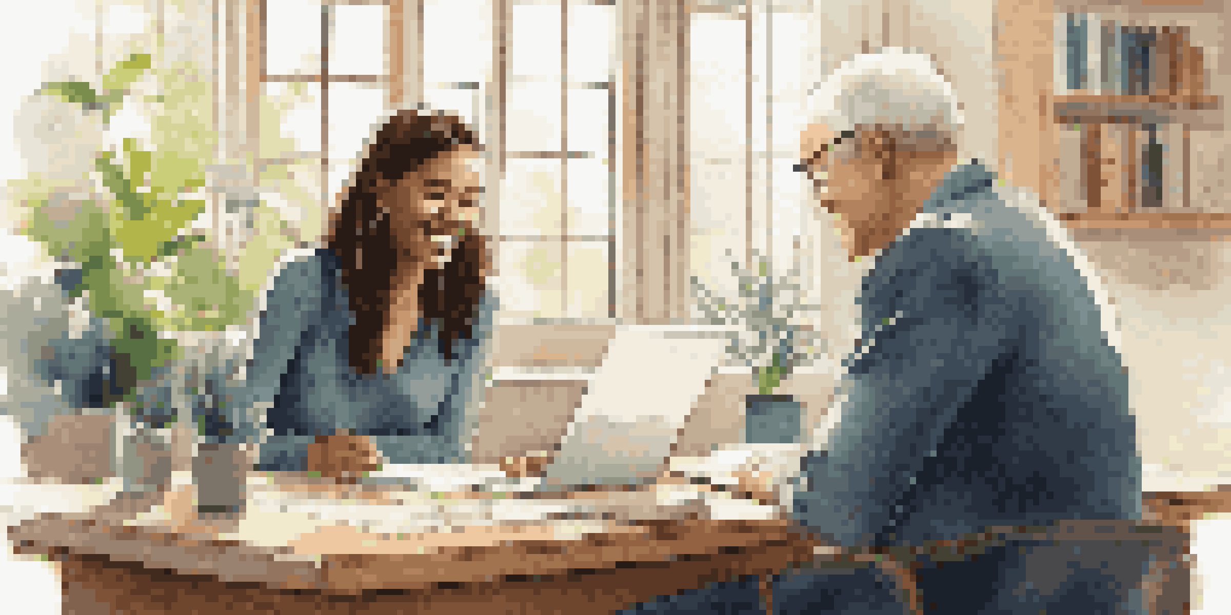 A mentor and mentee discussing career development in a bright office setting, with a laptop and notepad visible.