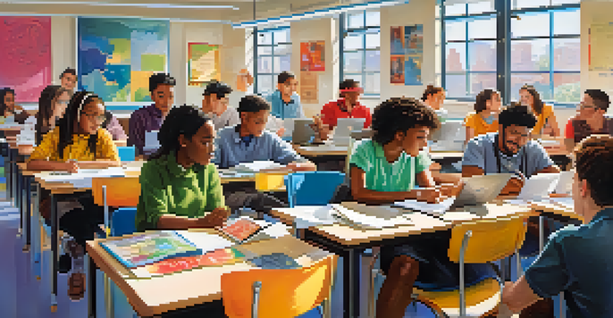 A diverse group of students in a classroom participating in a career assessment workshop with laptops and posters of different professions.
