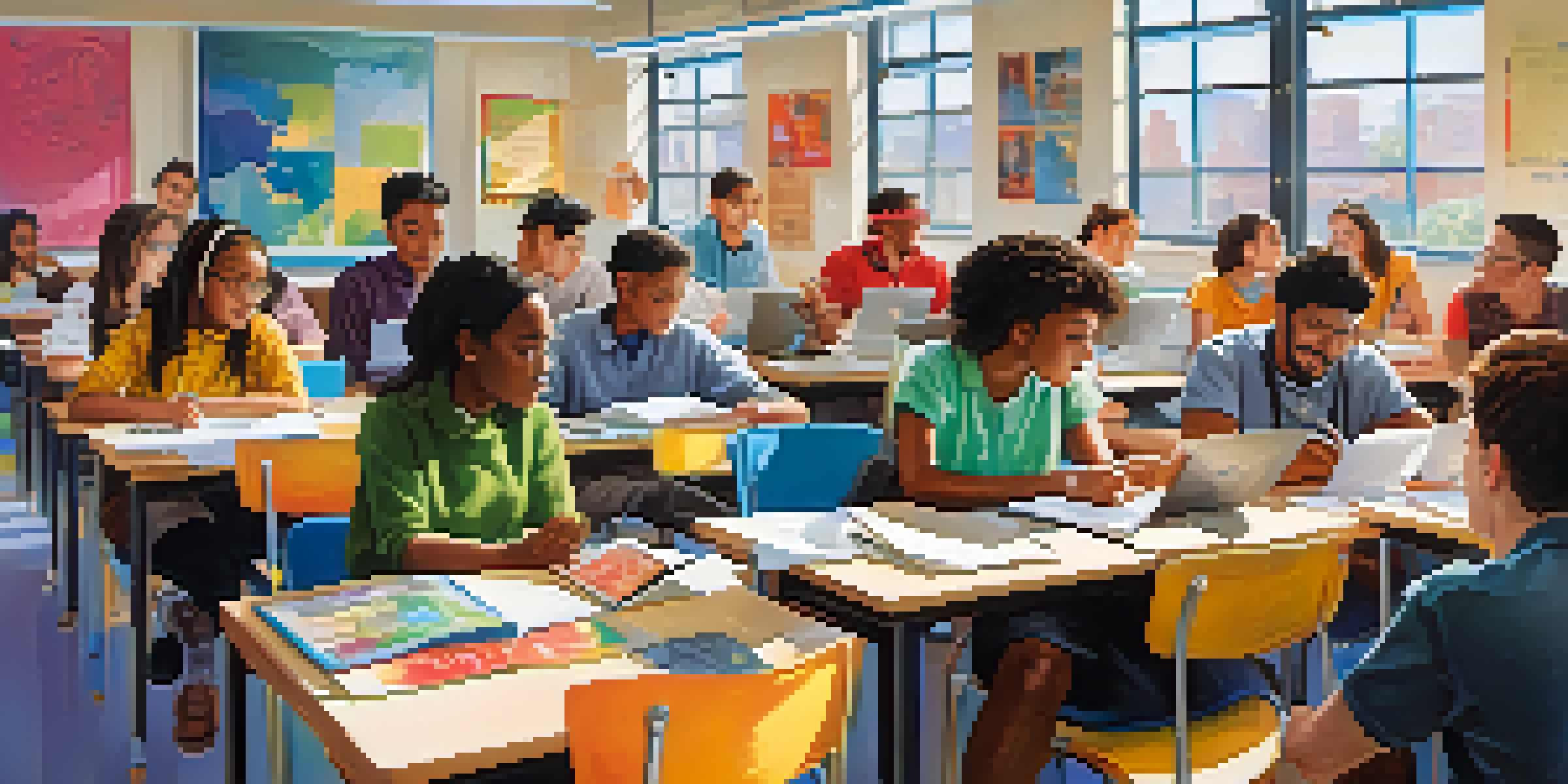A diverse group of students in a classroom participating in a career assessment workshop with laptops and posters of different professions.