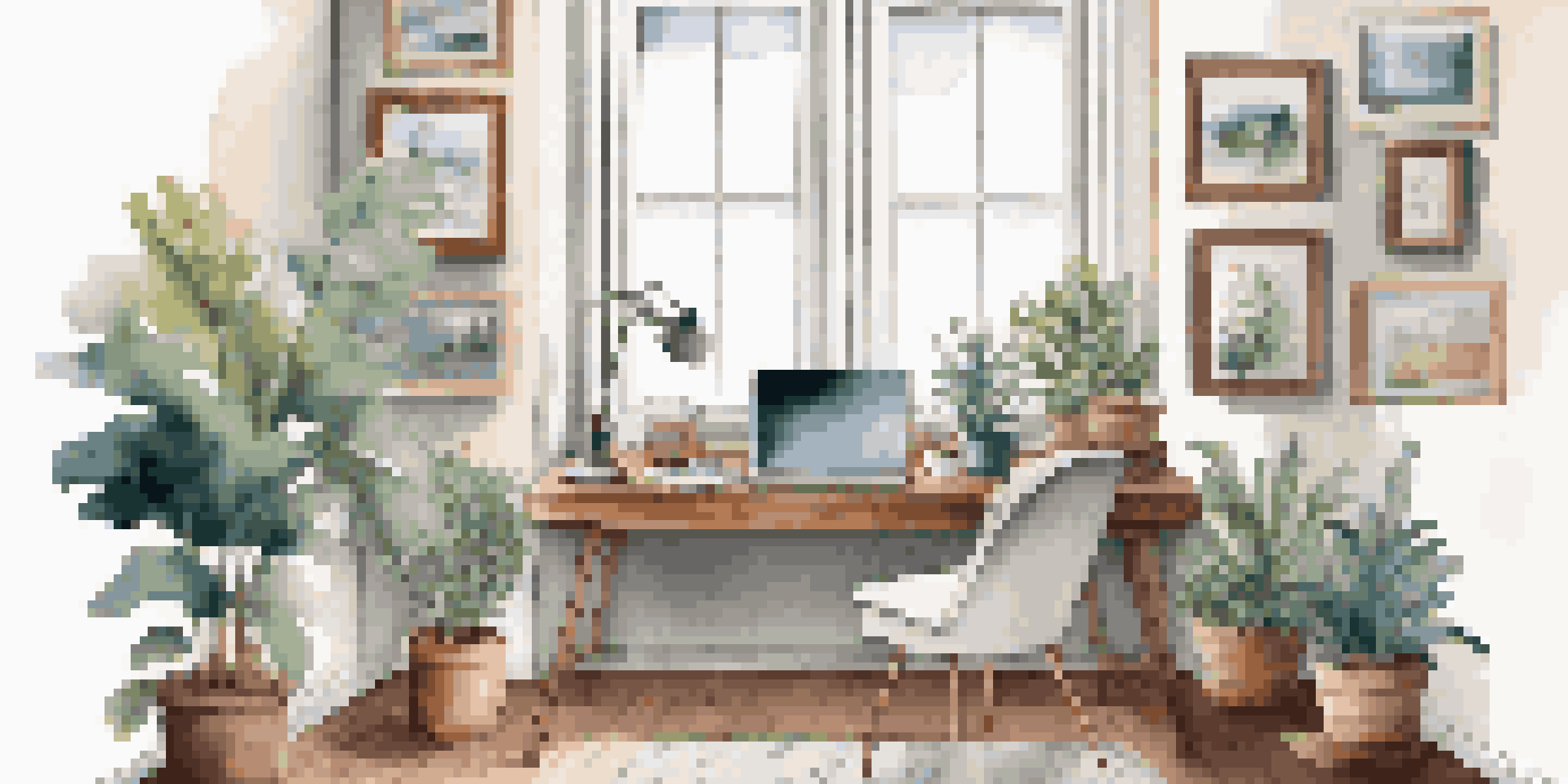 A bright home office with a laptop on a desk, potted plants, and a cup of coffee, surrounded by inspirational art.