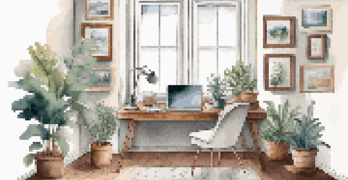 A bright home office with a laptop on a desk, potted plants, and a cup of coffee, surrounded by inspirational art.