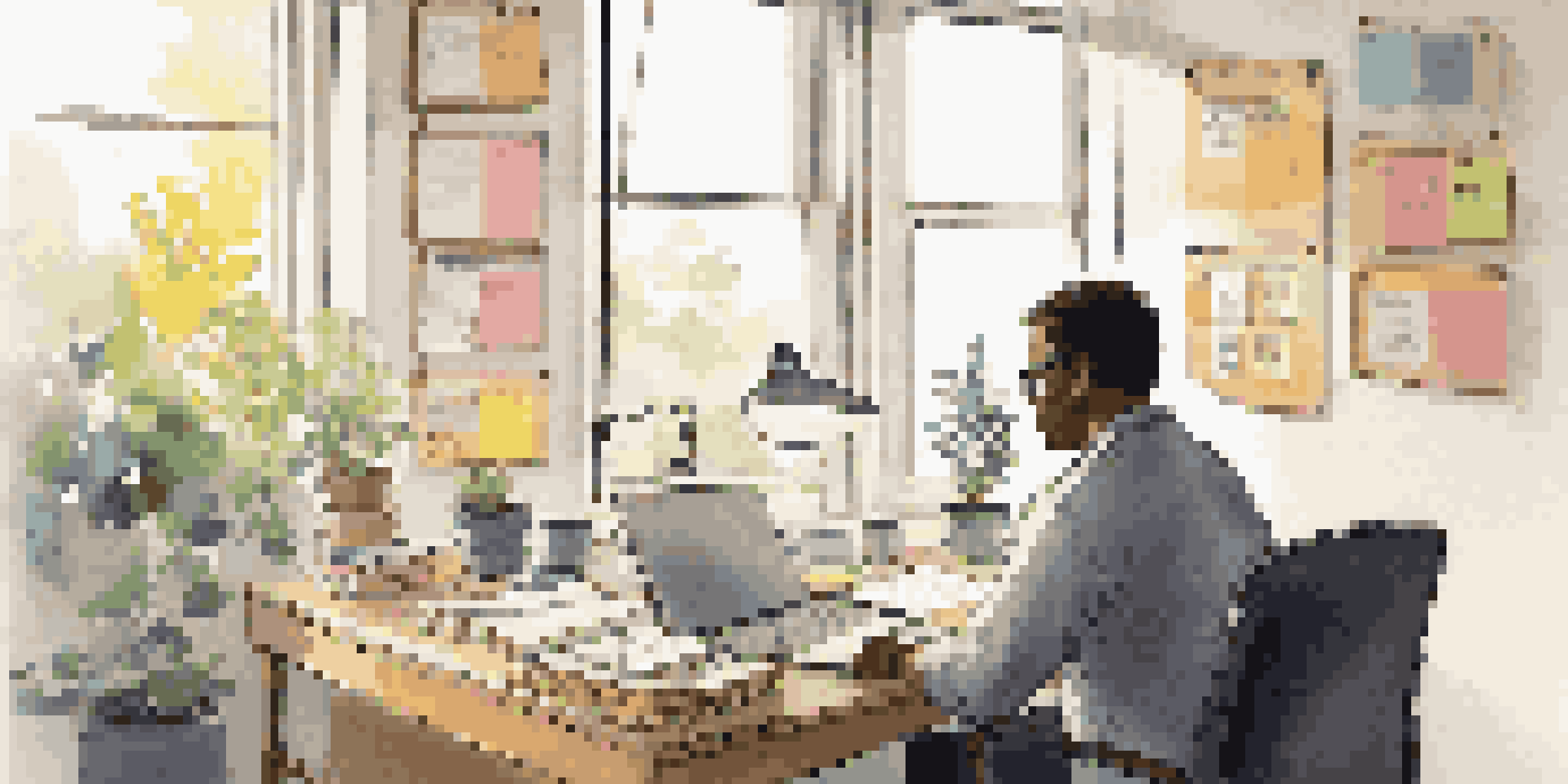 A middle-aged person working with a career coach at a desk in a bright office, surrounded by motivational decor and personal items.