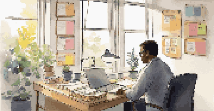 A middle-aged person working with a career coach at a desk in a bright office, surrounded by motivational decor and personal items.