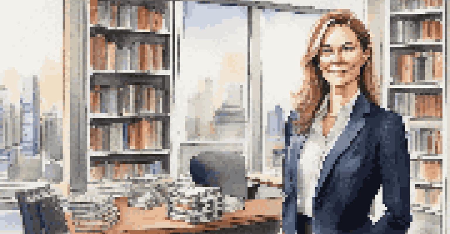 A female CEO smiling confidently in her office, surrounded by bookshelves and awards, with a city view in the background.
