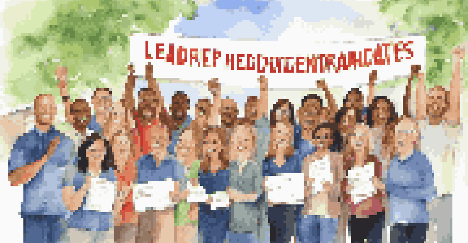 A group of employees celebrating outdoors after completing a leadership development program, holding certificates and smiling.