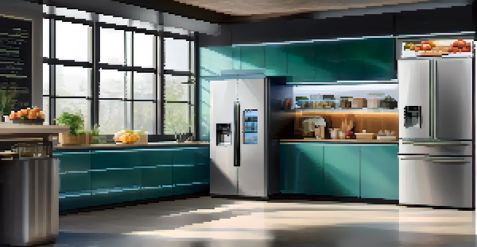 A modern kitchen with a smart refrigerator showing grocery alerts on its screen, bright and airy with natural light coming through a window.