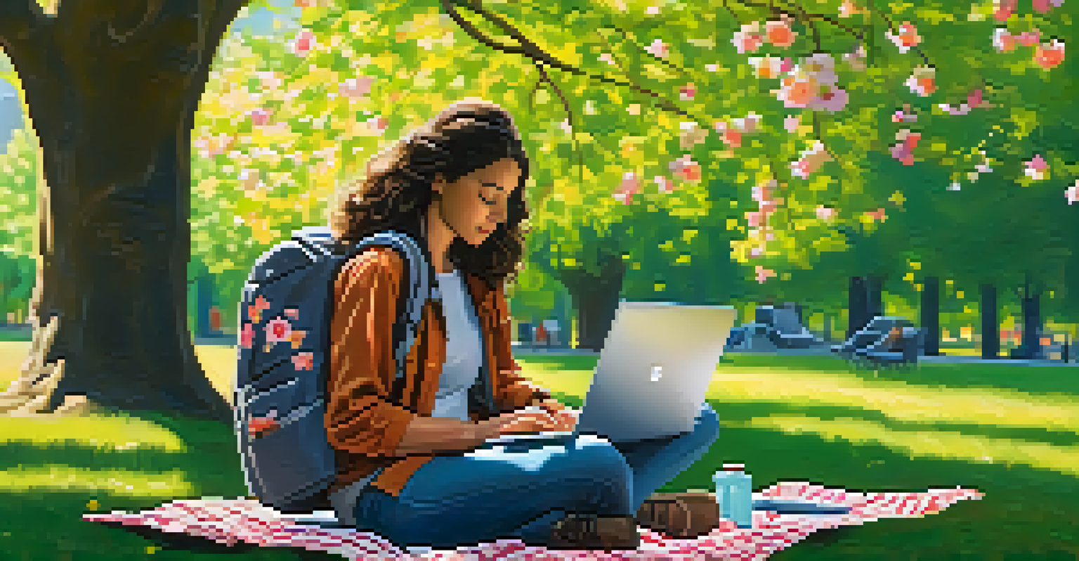 A freelancer sitting on a picnic blanket in a park, working on a laptop surrounded by trees and blooming flowers.
