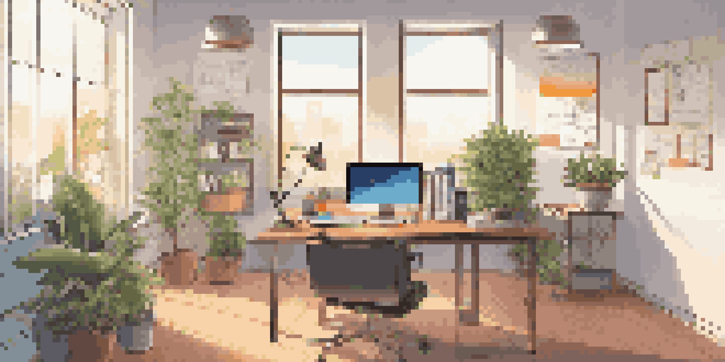 A contemporary office setup with a desk, laptop, notepads, and a potted plant, illuminated by natural light from a large window.