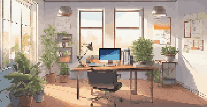 A contemporary office setup with a desk, laptop, notepads, and a potted plant, illuminated by natural light from a large window.