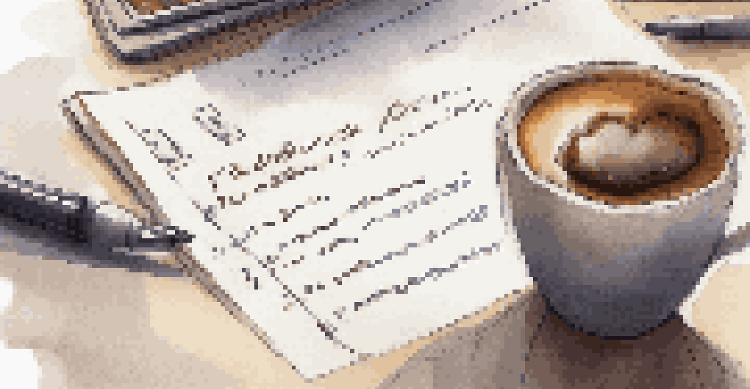 A close-up of a hand taking notes during a feedback session, with a coffee cup and laptop nearby, illustrating the importance of written feedback.
