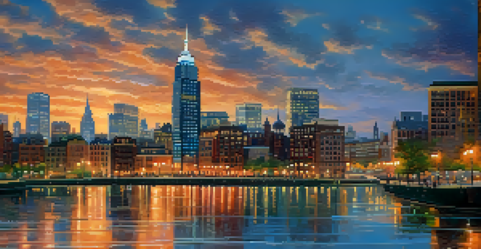 A city skyline at dusk with illuminated buildings and a river reflecting the lights, populated with pedestrians.