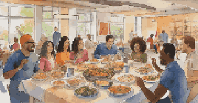 A diverse group of employees at a workplace potluck, sharing and enjoying various cultural dishes.