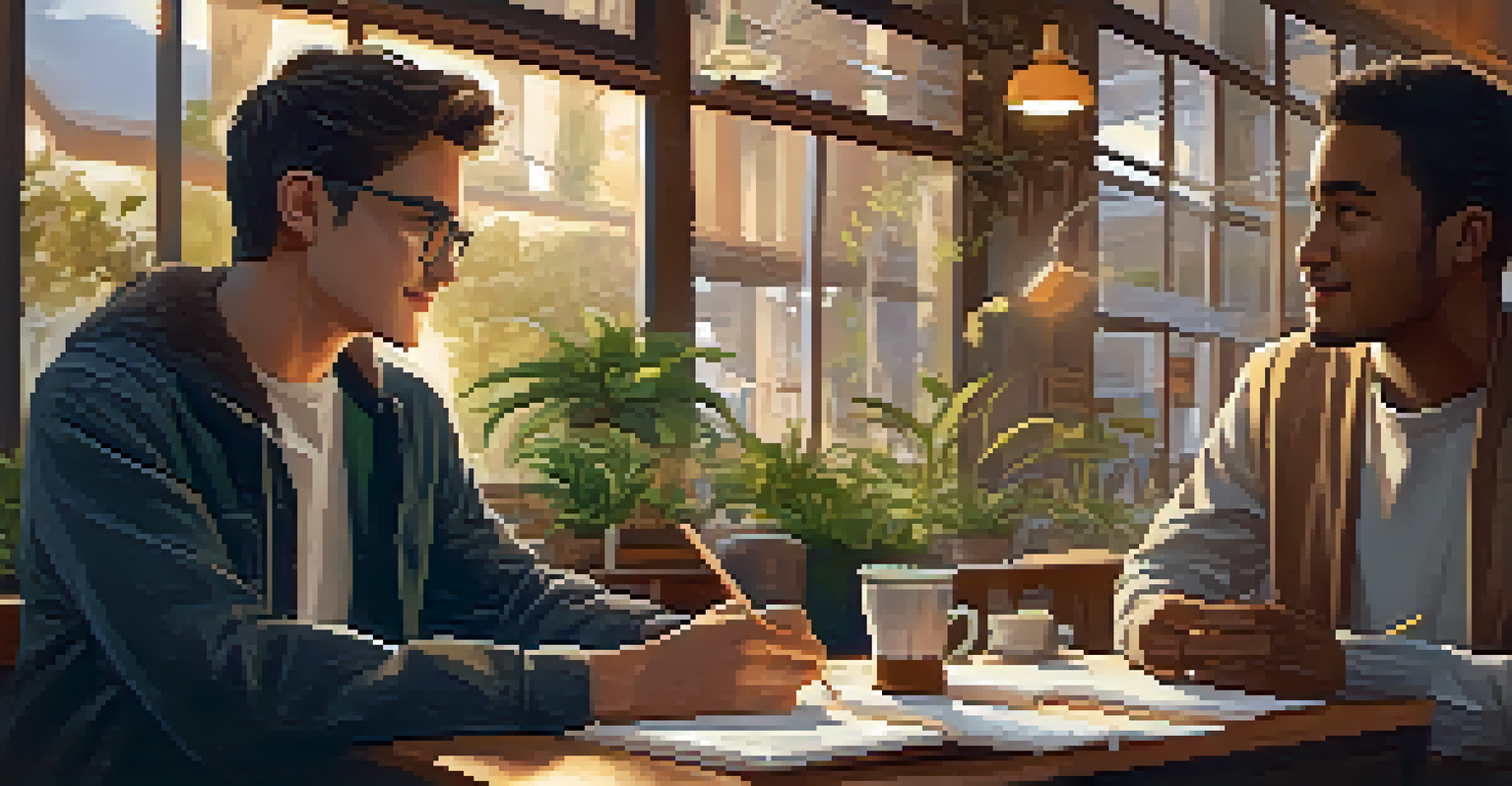 A mentor and young professional sharing ideas over coffee in a cozy café, surrounded by plants and art.