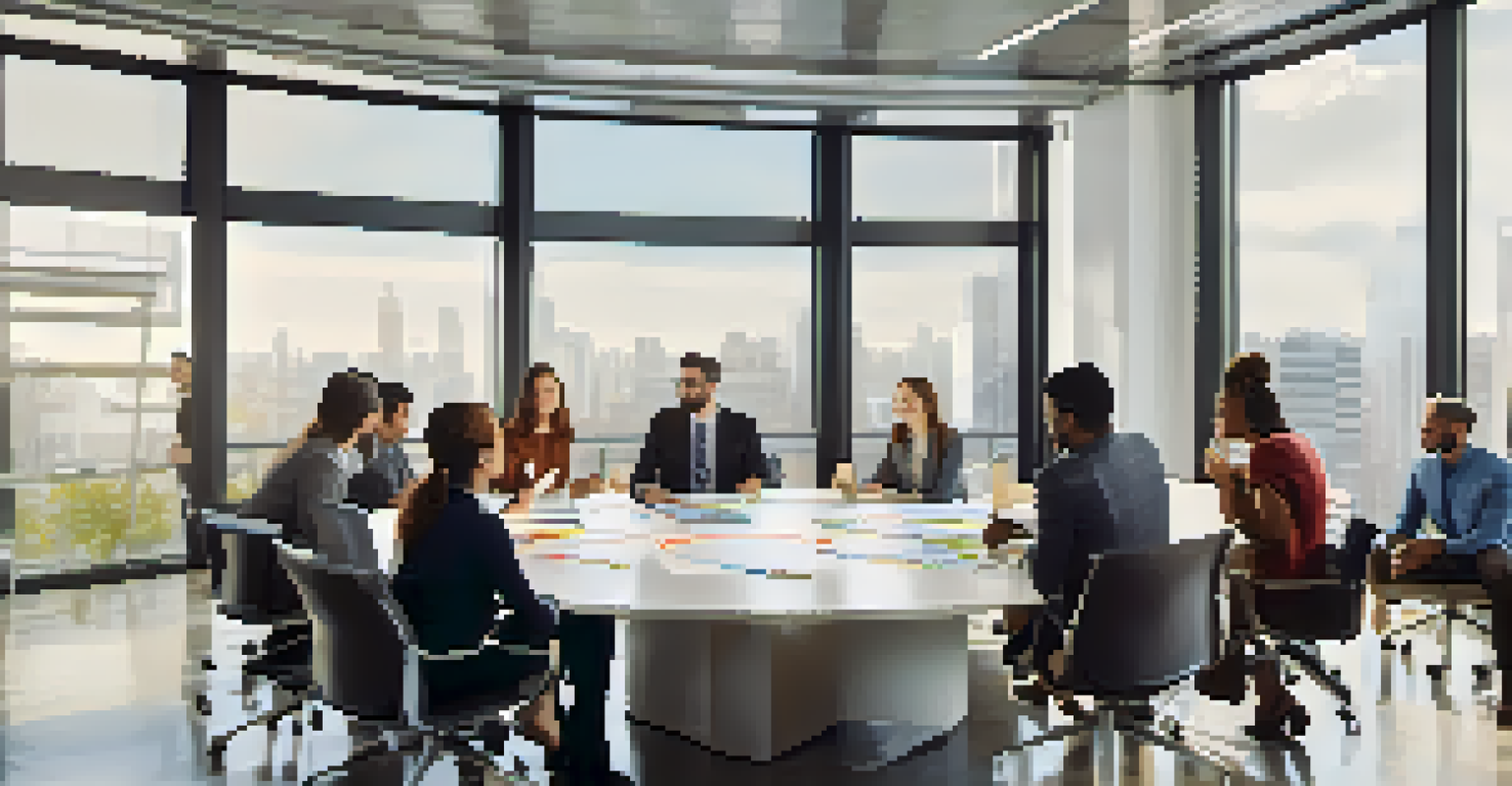 A diverse group of professionals engaged in a discussion around a round table in a bright modern office.