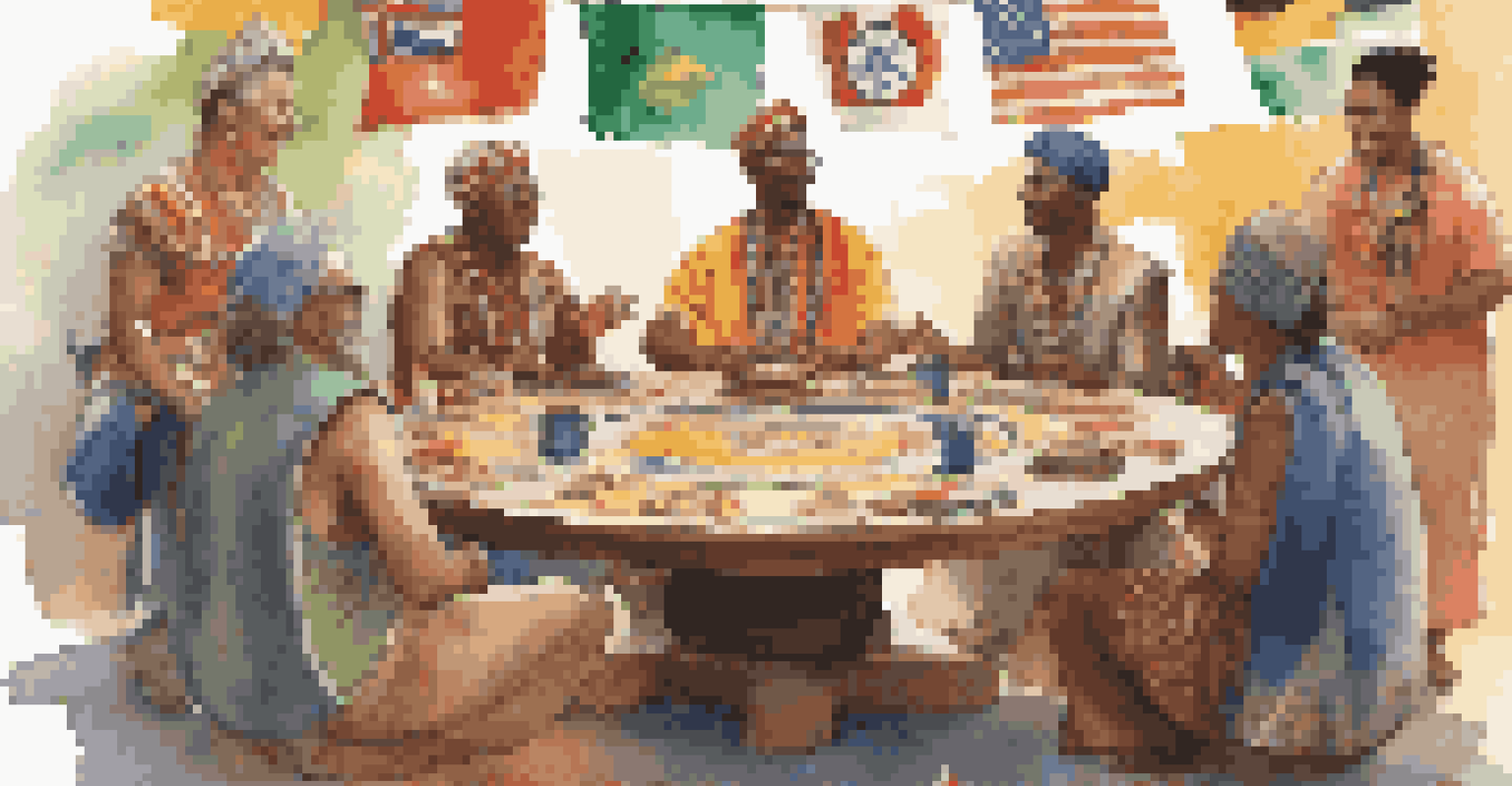 A diverse group of people in traditional attire sharing ideas around a table decorated with cultural symbols and flags.
