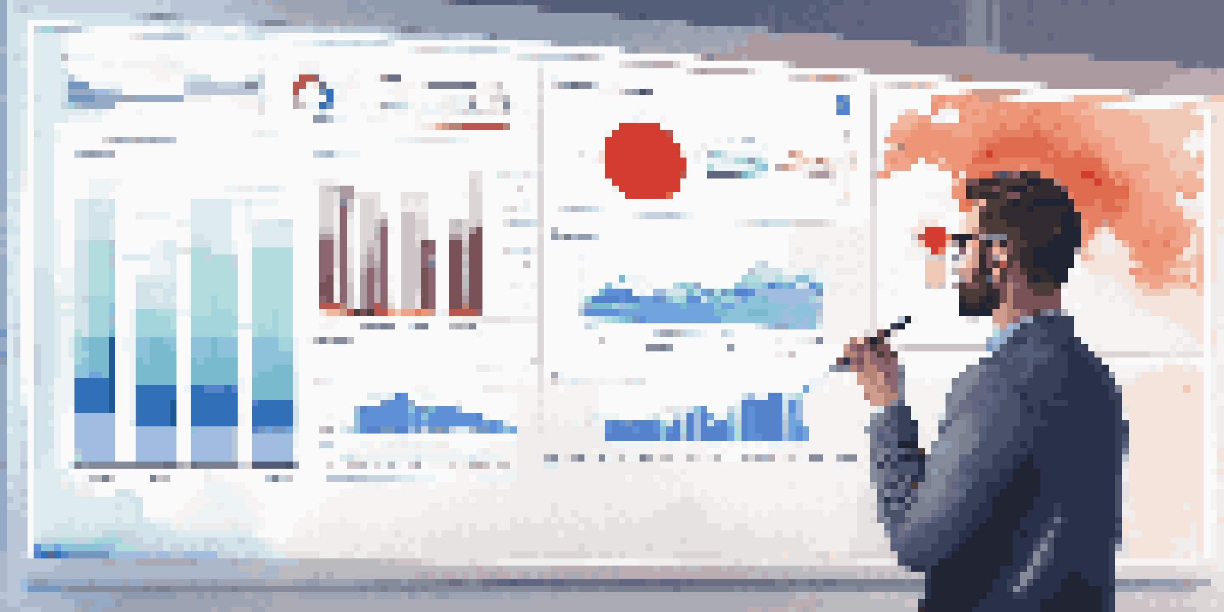 An individual analyzing social media analytics on a large screen in a modern office.