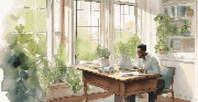 A focused individual in a serene office space with a park view, writing in a notebook.