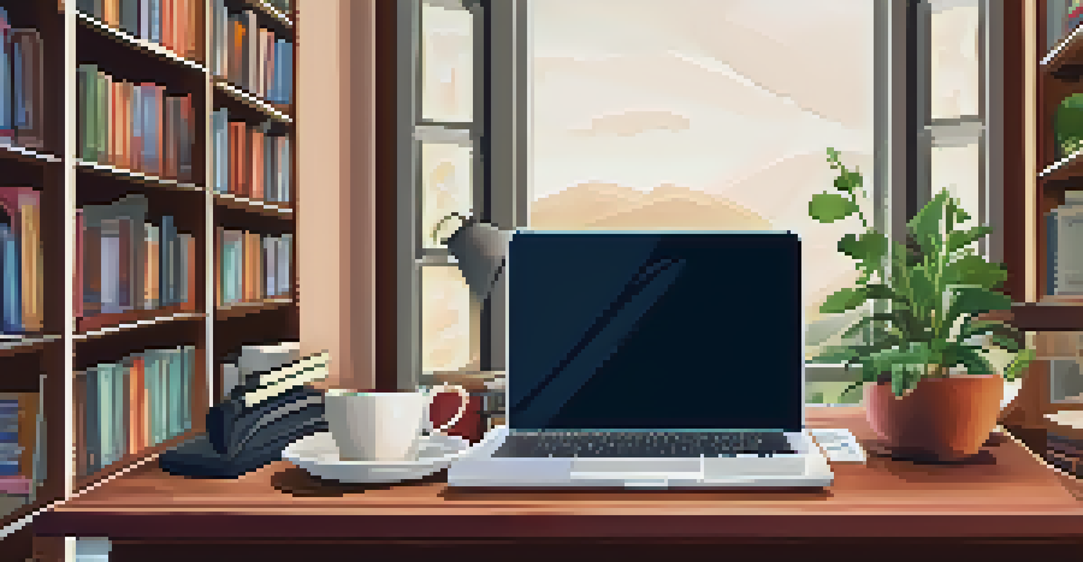 A cozy study area with a wooden table, a planner, a laptop, and a timer, warmly lit with bookshelves in the background.