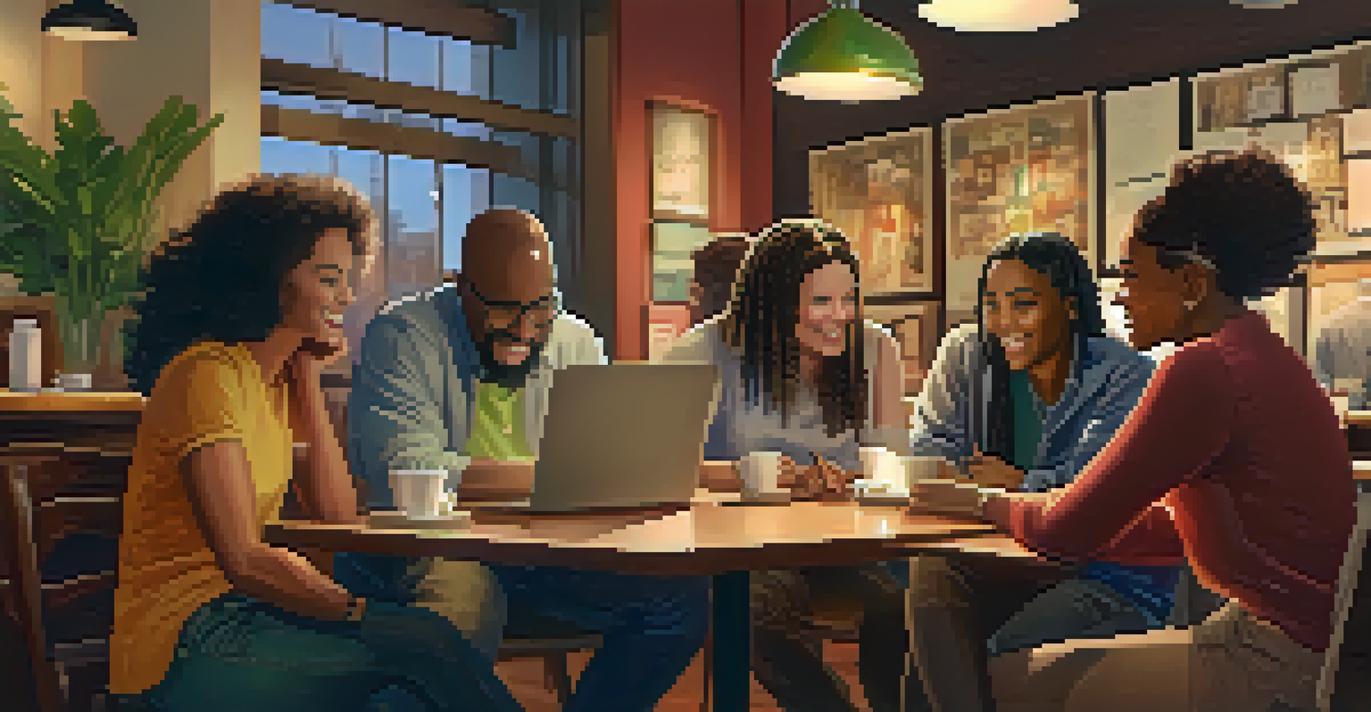 A diverse group of individuals in a coffee shop, engaged in discussion and collaboration with laptops and notebooks on the table, surrounded by warm lighting.