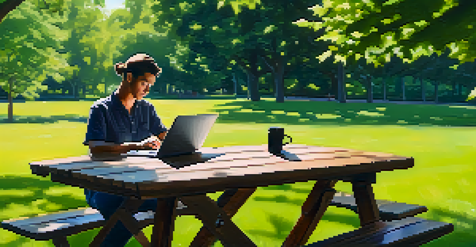 A person working on a laptop at a picnic table in a sunny park, surrounded by greenery.