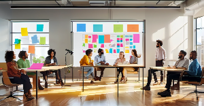 A diverse group of employees engaged in a brainstorming session in a modern office, with a whiteboard filled with colorful notes and diagrams.