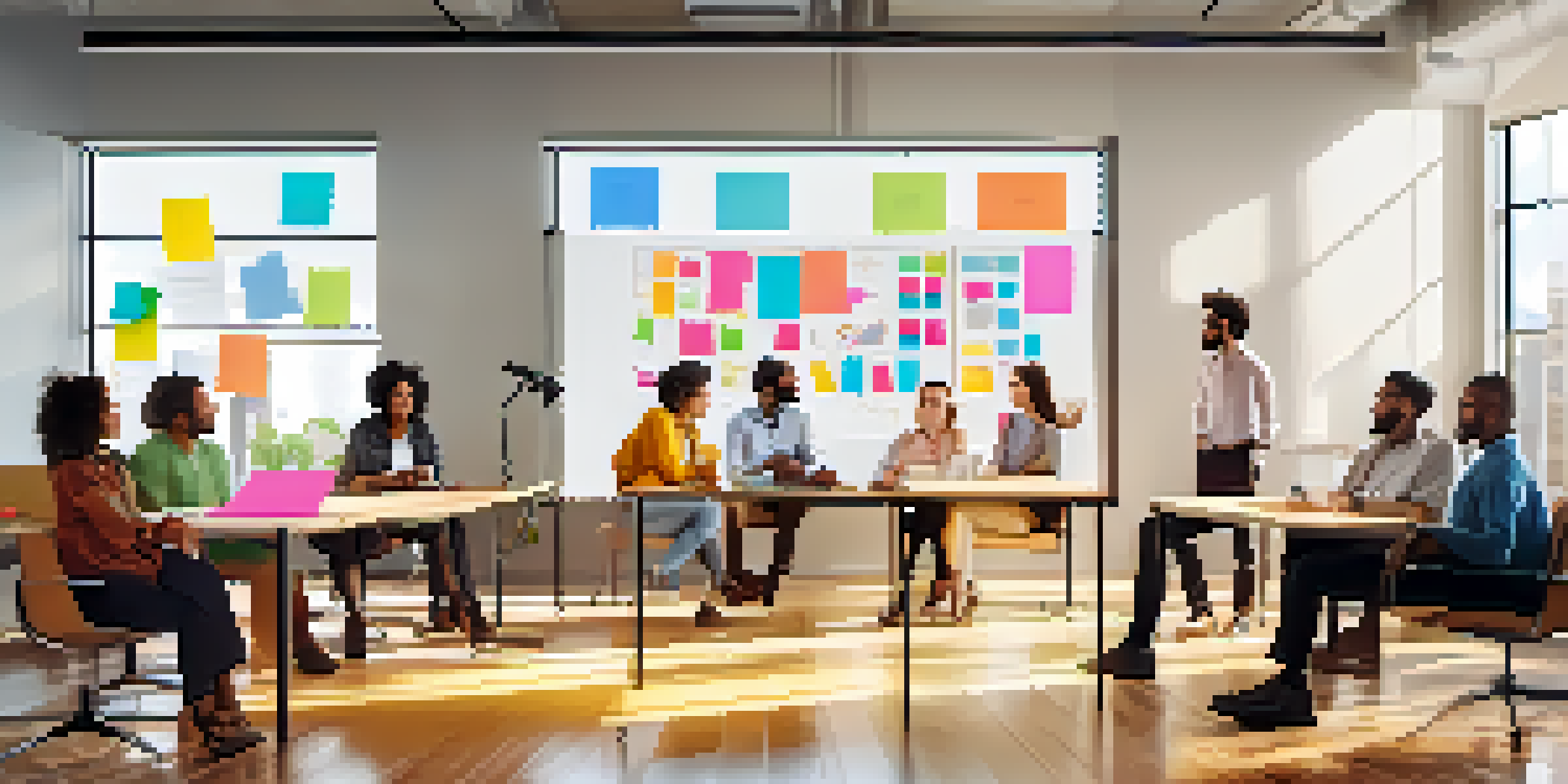 A diverse group of employees engaged in a brainstorming session in a modern office, with a whiteboard filled with colorful notes and diagrams.