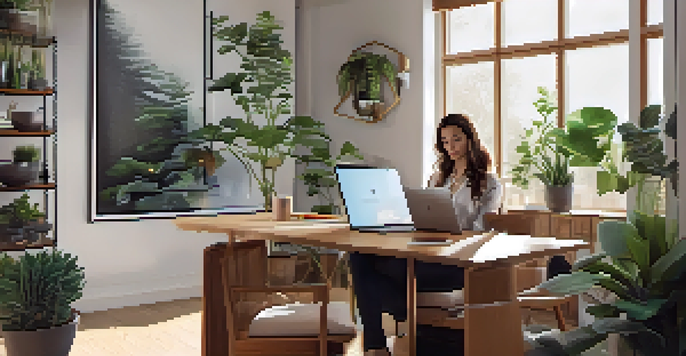 A woman in a home office, participating in an online course with a laptop and notebooks around her.
