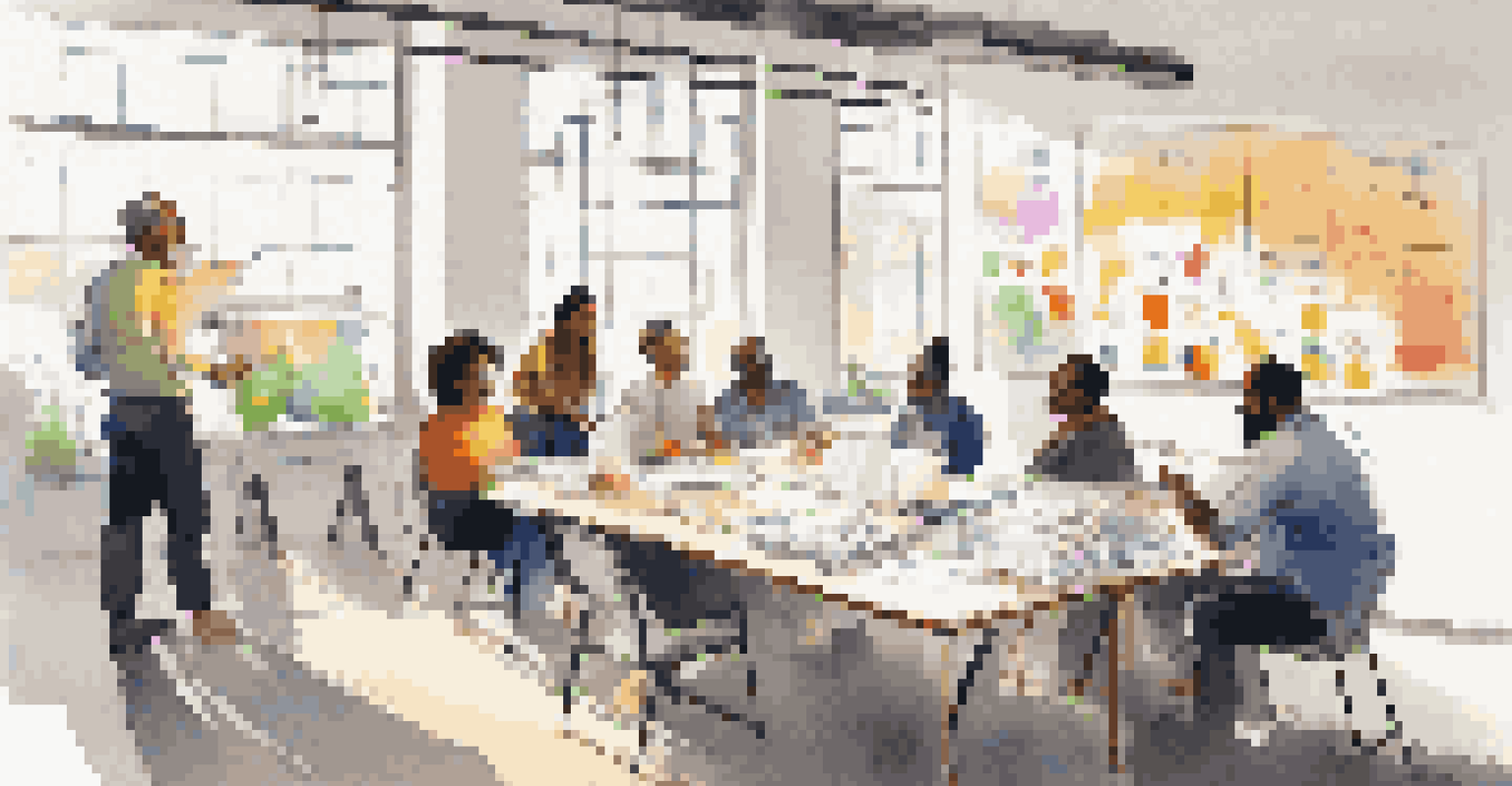 A diverse group of professionals collaborating in a workshop setting, engaged in discussion around a table with notebooks and a whiteboard.