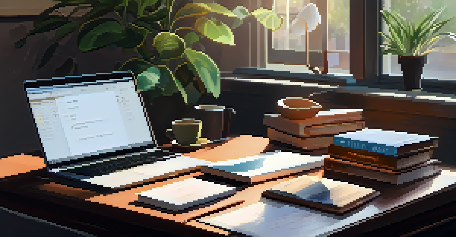 An organized workspace featuring books, a laptop, and a notebook, symbolizing a mentorship agreement.