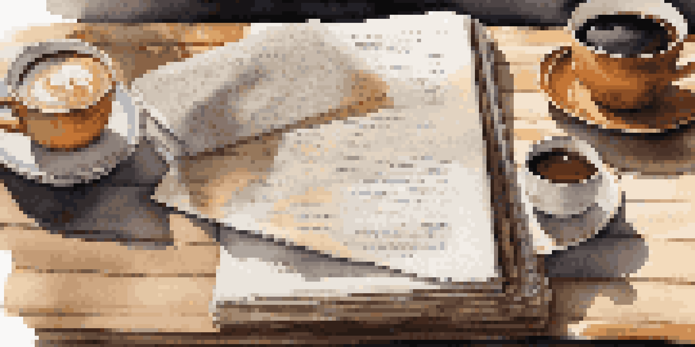 An open portfolio with printed pages, testimonials, and a cup of coffee on a wooden desk.