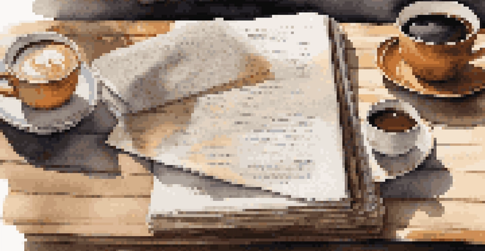 An open portfolio with printed pages, testimonials, and a cup of coffee on a wooden desk.