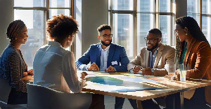 A diverse group of professionals gathered around a table in a bright office, discussing collaboratively, with sunlight streaming in.