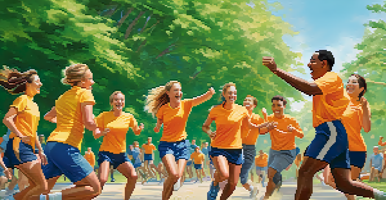 A group of colleagues participating in a relay race in a park, showcasing teamwork and joy.