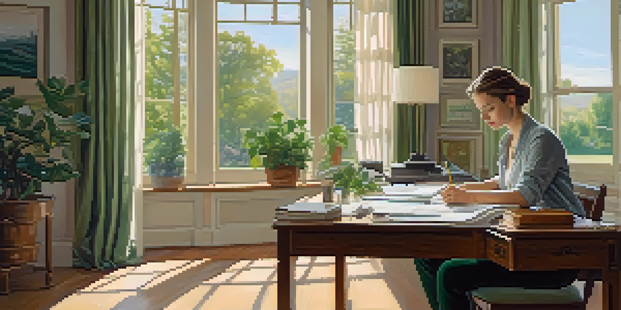 A young professional in a bright office, sitting at a desk, looking thoughtfully at an open journal, with a view of a garden outside.